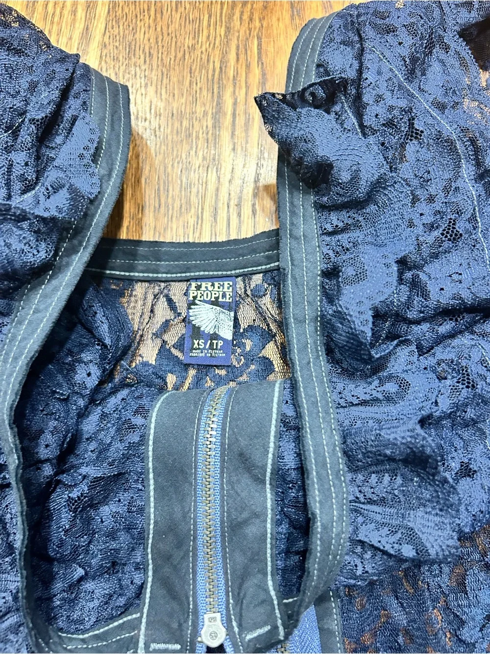 Free People Navy Blue Sheer Lace Zip-Front Ruffle Cami XS